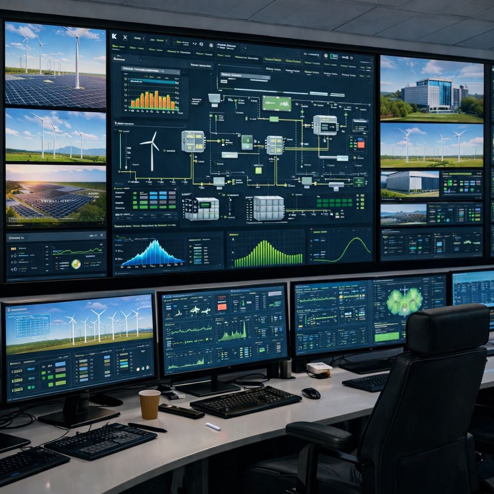 SCADA control room with monitoring screens for solar and wind plants